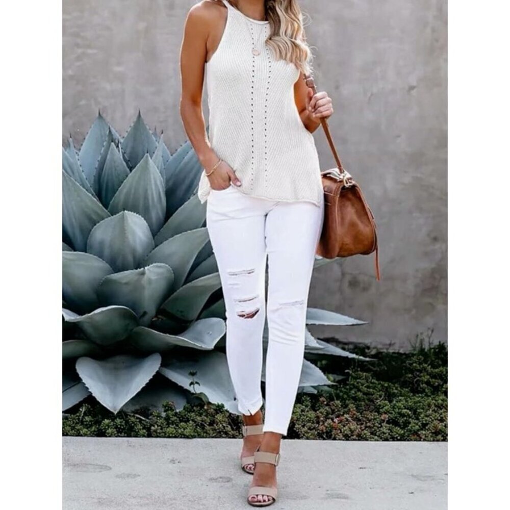 Women Small Fashion Scoop Neck Knit Tank Top Casual Loose Sleeveless Split Sides - Picture 12 of 13
